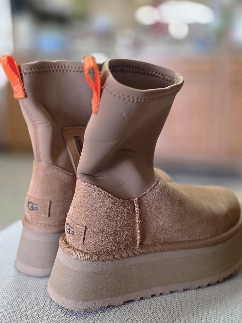 UGG Women's Chestnut Suede Platform Ankle Boots with Orange Pull Tabs. Worn Once